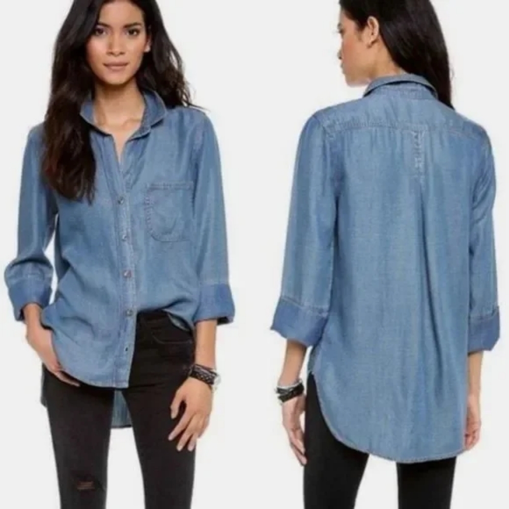 ANTHROPOLOGIE Cloth & Stone Blue Chambray High Low Tencel Button Down Blouse S